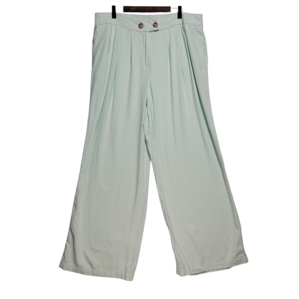 Cato Plus Size 18W Mint Green Wide Leg High Rise Linen Blend Pants Pockets